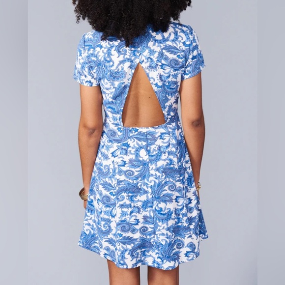 Show Me Your MuMu Antiqua Stretch Ibiza Blue White Floral Dress — size Medium - Picture 4 of 6